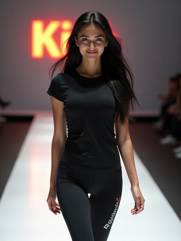 A young woman with long black hair walks down a white catwalk wearing a black sports T-shirt and black leggings. She smiles at the camera. A glowing sign reads Kira Shop in the background.