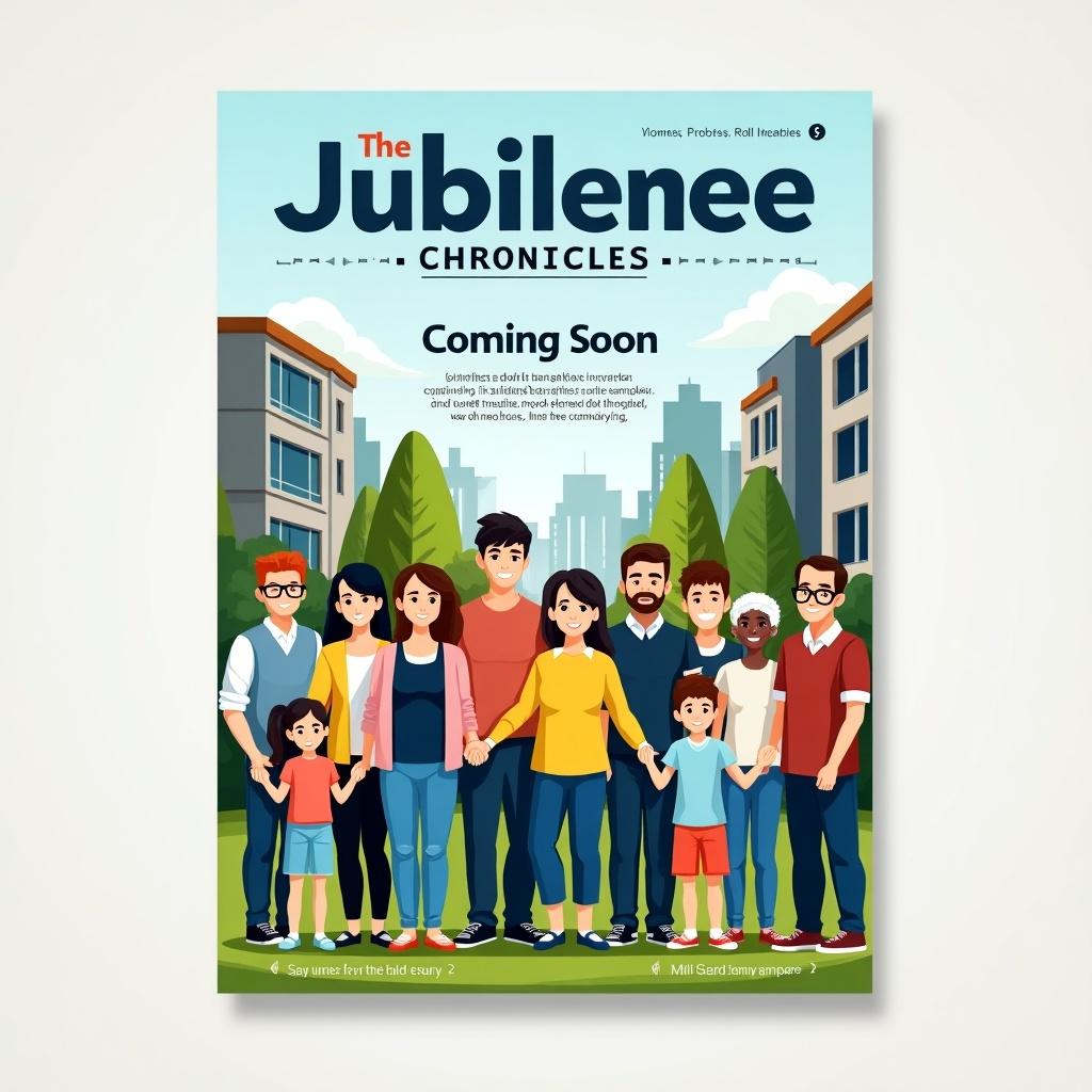 Vibrant magazine cover page with the title The Jubilee Chronicles in bold, modern fonts. Central Coming Soon announcement in eye-catching typography. Illustration of diverse happy apartment residents symbolizing unity. Background with greenery and modern buildings. Use of bright colors like blue, yellow, and green. Tagline Stay Tuned for Our First Issue at the bottom. Cover looks fresh, exciting, and professional.