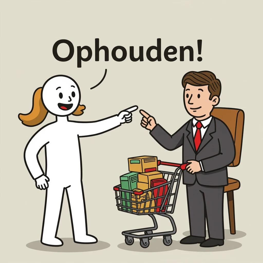 A stick figure points with a finger while saying 'Ophouden!'. The figure is depicted in a humorous business scenario next to a character with a blurred face holding a shopping cart filled with items.
