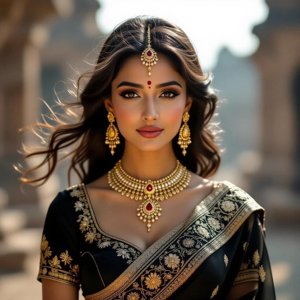 Close-up portrait of a noblewoman dressed in a black and gold sari inspired by goddess Lakshmi. Features include soft glowing skin, intricate golden jewelry, delicate bindi, and regal tiara. Long dark hair flowing in the wind. Blurred background with faint ruins. Focus on expression and luxurious outfit textures.
