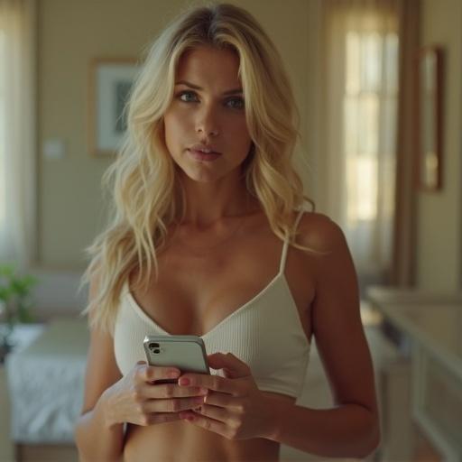 A woman with blonde hair in a tank top looks concerned while holding a cellphone. She shows a shy smile. The setting is indoors with soft, natural light.