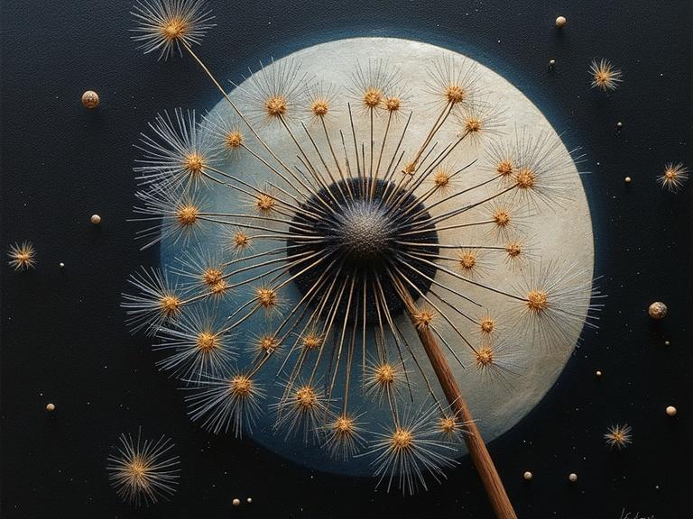 3D hyper-detailed artwork featuring a textured scratchboard dandelion against a moonlit background. The piece incorporates elements of kinesthesia and gestalt perception. Encaustic wax technique is used for added texture.