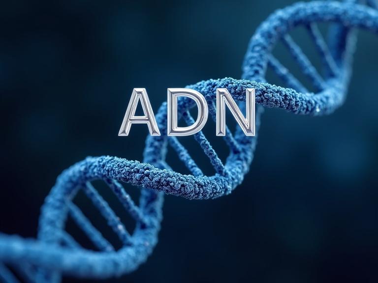 Strands of DNA double-helix form. Shiny letters visualize 'ADN 57' as title.