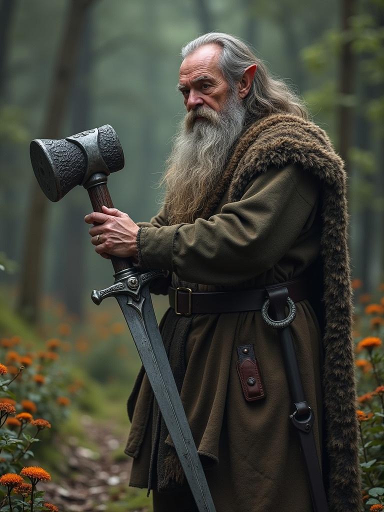 Dwarf character depicted in a fantasy setting. Character holds a forage hammer and stands among flowers. Background features a lush forest with mysterious lighting. Attire is similar to classic fantasy imagery. Emphasizes craftsmanship and strength.