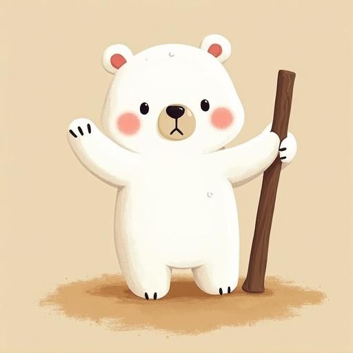 A sad white bear is holding a stick while drawing in sand. The bear appears cartoonish and has a cute expression.