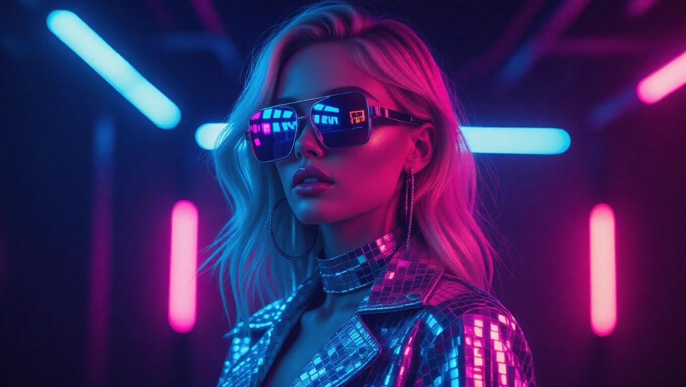 Full body shot from distance featuring a blonde model in futuristic sunglasses. Model looks away with a glamorous mirrored outfit. Soft dark neon lighting effects enhance artistic appeal.
