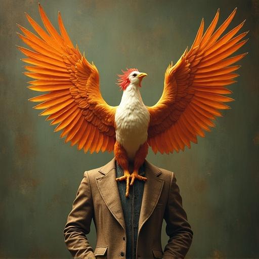 A phoenix raising dramatically from a man's chest. Vintage artistic style. Surreal imagery.