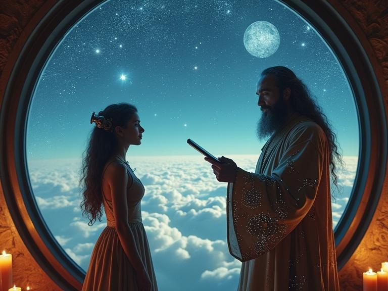 A grand celestial observatory high above clouds features two figures before a large glass window. One is a young astronomer in Victorian attire with a steampunk monocle. She looks excited, having discovered a cosmic mystery. Beside her, an ancient cosmic scholar in glowing robes appears concerned, holding a tablet with calculations. The room has candlelight and neon holograms, blending past and future beautifully.