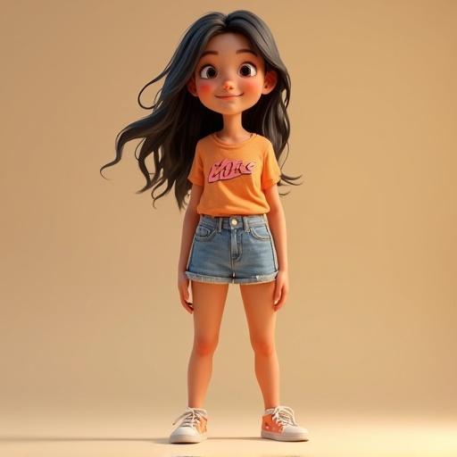 Preteen girl styled in a Pixar-like illustration. Wearing a bright orange shirt with a logo and denim shorts. Long, flowing dark hair with a confident stance. Background is a soft beige color.