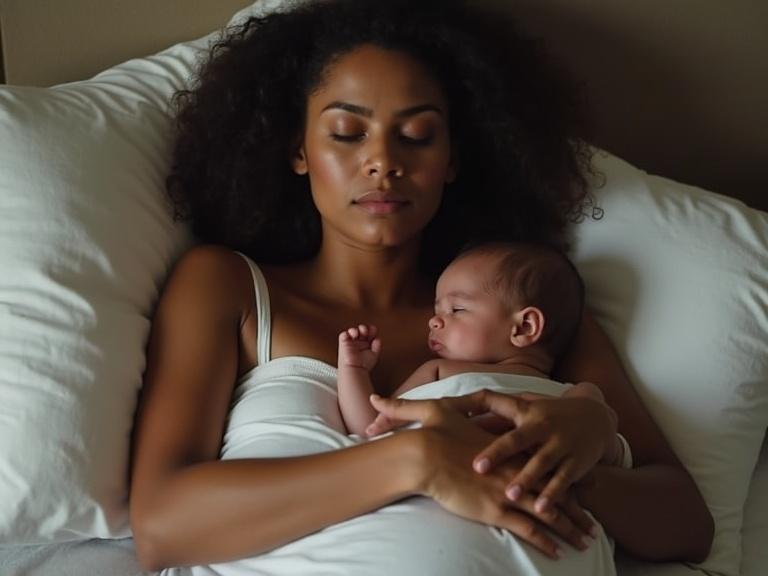 Image of a woman in bed cradling her baby. The woman has an emotional expression with tears on her face. The setting is cozy with soft bedding and warm light.