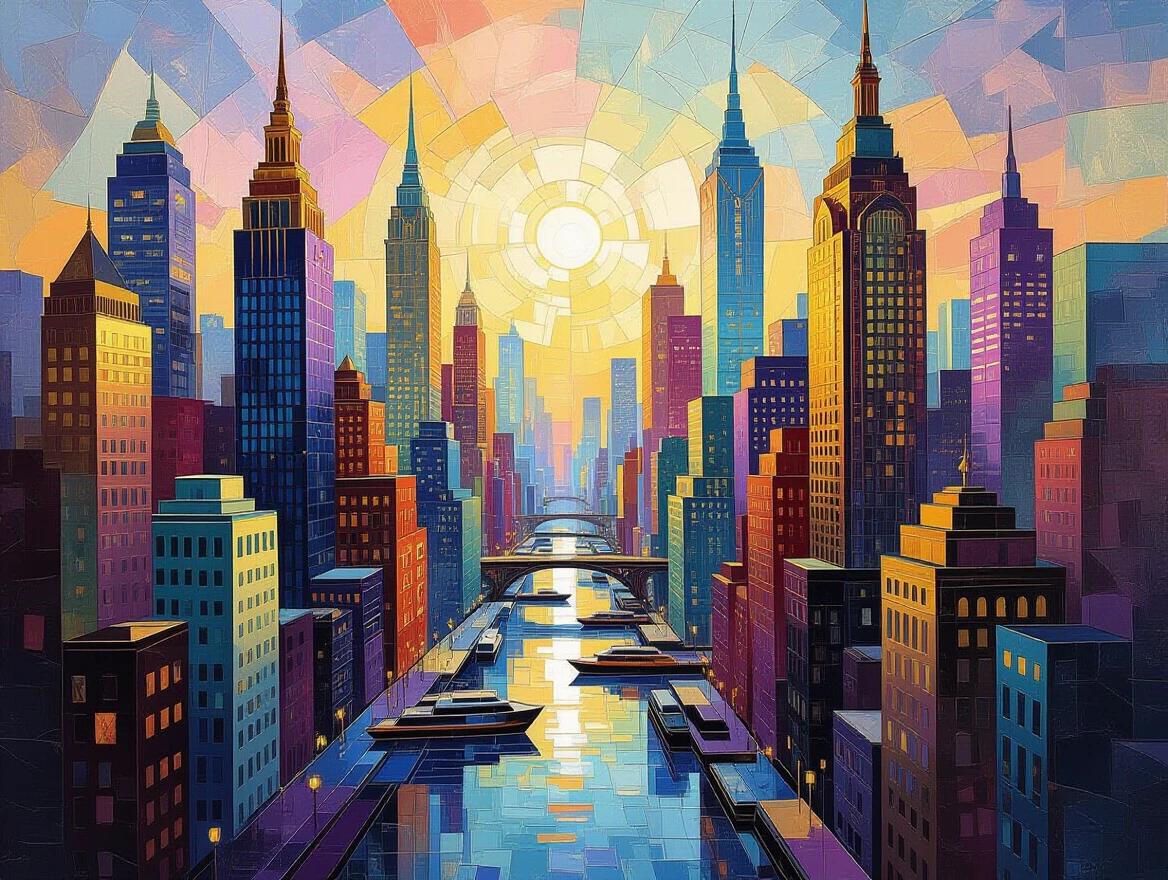A vibrant cubist cityscape with geometric planes and angles. Art Deco architectural elements with ornamental motifs and metallic accents. Ambient light creates holographic reflections. A soft glowing sky enhances the scene.