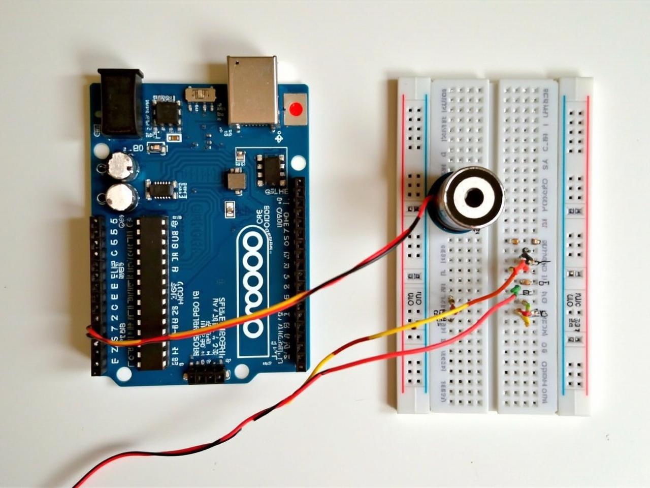 This image shows an Arduino Uno board connected to an ultrasonic sensor (HC-SR04) on a breadboard. The Arduino has several cables connected to it, indicating the pins being used for power and data transmission. The ultrasonic sensor has two circular openings and is wired to the breadboard, which also contains an LED. The wiring includes multiple colored jumper wires representing connections for trigger and echo signals, power, and ground. The layout suggests a project involving distance measurement using the ultrasonic sensor with the Arduino.