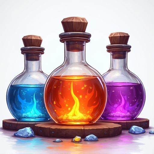 Icon featuring three vibrant magic potions in bottles. Colors are blue, orange, and purple. Design inspired by fantasy games. Transparent background. Size is 48 x 48 pixels.