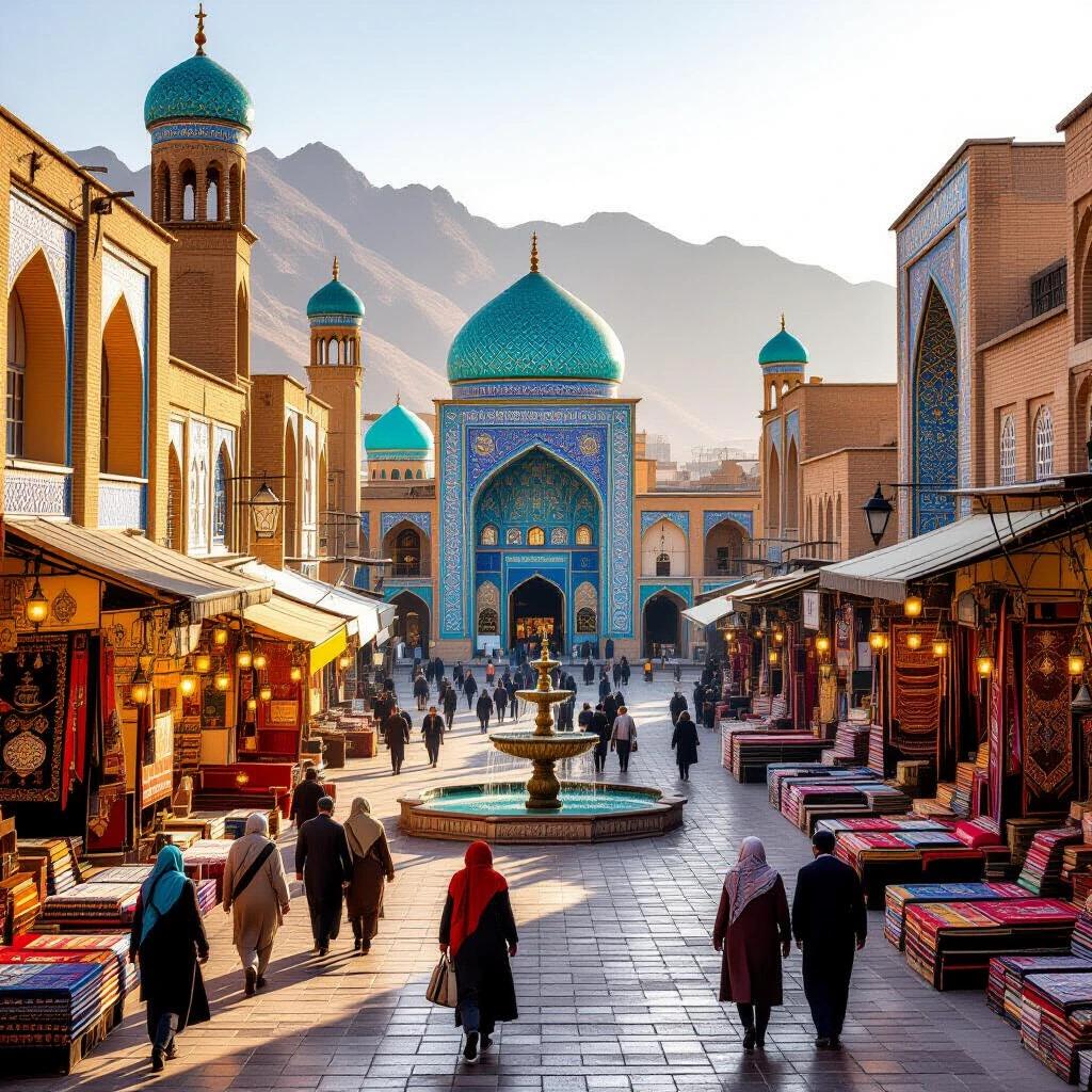 Traditional Iranian city scene with Persian architecture. Features turquoise domes, windcatchers, and blue tilework. People wear Qashqai and Kurdish clothing, including scarves and robes. Bazaar filled with carpets, lanterns, and copperware. Includes brass samovar and Nastaliq calligraphy. Background shows Zagros mountains and a tiled fountain. Captured during warm golden hour light, detailed and cinematic appearance.