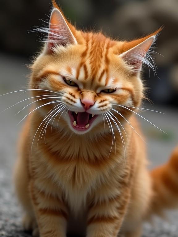 An angry cat with raised fur is shown. The cat has a fluffy orange coat and an intense expression with bared teeth.