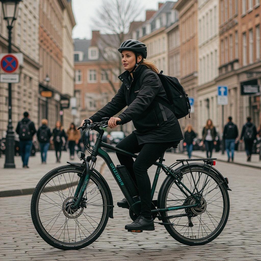 Girl riding a bike in an urban environment. She wears a helmet and casual clothing. Background features a street with pedestrians and buildings.