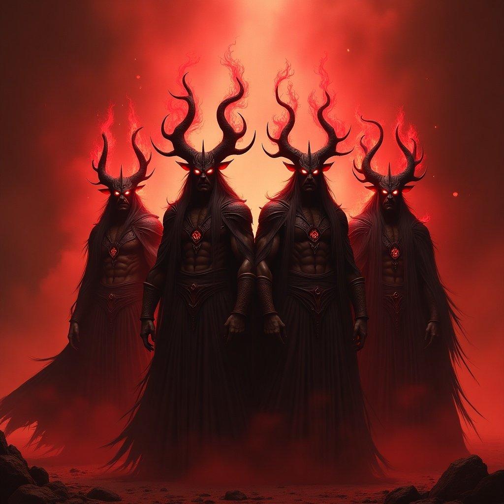 Four unique tyrant gods looking over their dominion. Surrounded by a red aura of darkness. Strong and imposing figures. Dramatic scene with a mystical atmosphere.