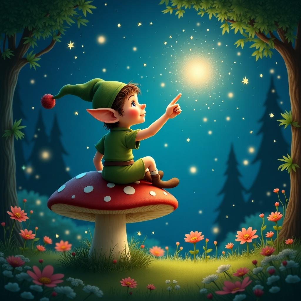 An elf sits on a mushroom pointing up at twinkling lights in a magical forest.