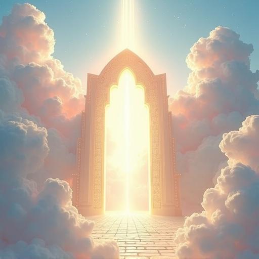 Heavenly gates made of shining white pearl. Gold shining streets. Bright light and no dark shadows. Light pink and light blue and white clouds create a dreamlike atmosphere. Rays of light burst forth from the gates.