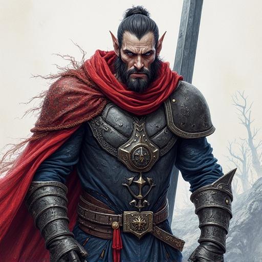 Detailed sketch of a male red-skinned tiefling paladin. He holds a dark great sword and a shield. Features piercing dark blue eyes and an intense expression. Colored pen style with stylized 2D effects. Visible pencil strokes and textured paper. Matte shading and non-photorealistic look. Soft cel shading with soft lighting. Artistic shading influences from Arcane and Klaus style fusion.