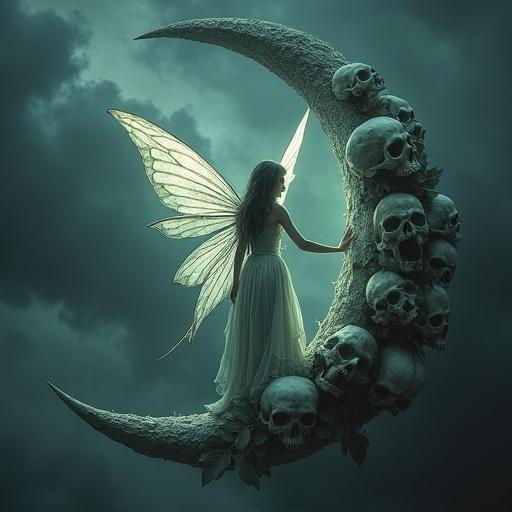 Dark fantasy scene featuring mystical fairy on crescent moon with skulls. Fairy has delicate translucent wings. Eerie backdrop of swirling clouds. Moon is detailed with shadows and highlights. Enchantment combined with mystery.
