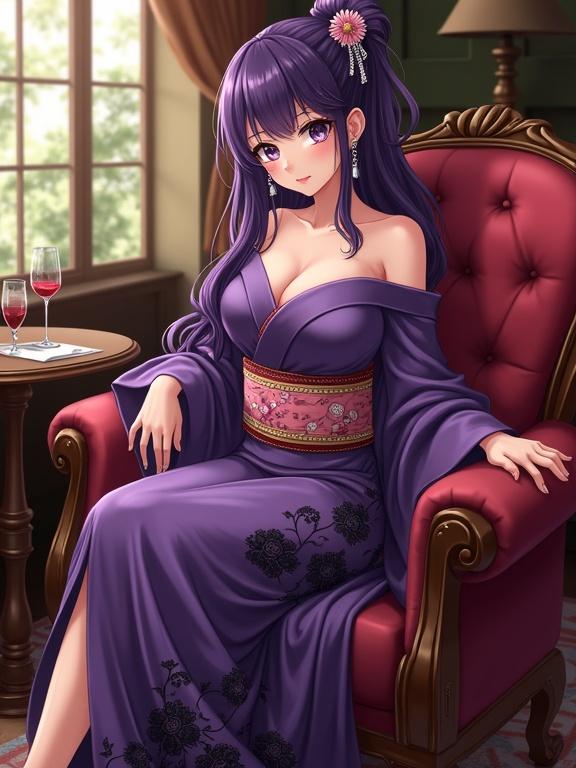 An anime styled lady sits elegantly in a retro lounge. She has striking violet hair and violet eyes. The lady wears a shiny violet kimono with black floral patterns and a pink obi. Her long hair features delicate silver accessories. The setting includes a vintage leather sofa and a table with a wine glass. Warm golden light fills the room, enhancing its nostalgic charm. A window reveals trees outside. The atmosphere combines traditional elegance with retro design.