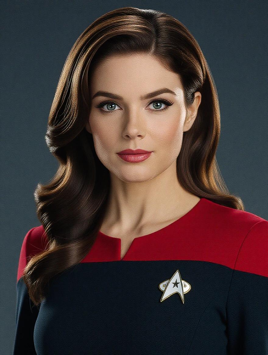 Cinematic masterpiece featuring a beautiful woman in a STAR TREK cadet outfit.