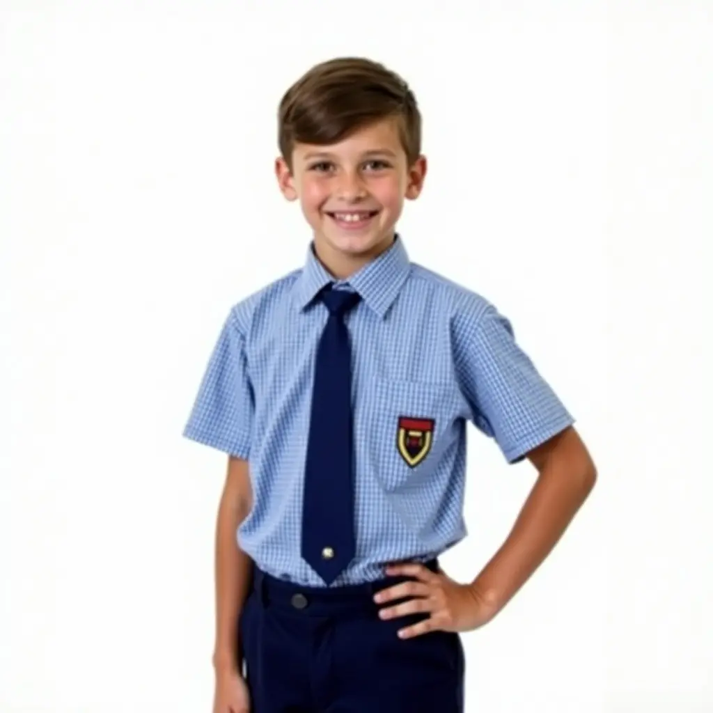 A young boy standing confidently in a blue and white checked school uniform. He wears a dark blue tie and matching trousers. The shirt has short sleeves and a pocket with a school emblem. The background is plain, focusing on the boy's expression and uniform.