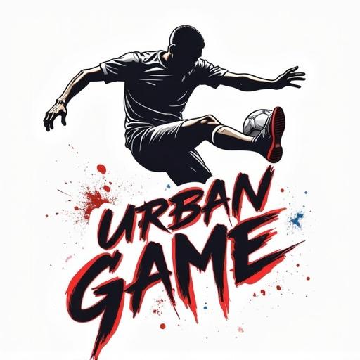 Hyper-stylized vector of a street soccer player doing freestyle tricks with graffiti-style typography. Text reads 'Urban Game'. Clean layout on a white background.