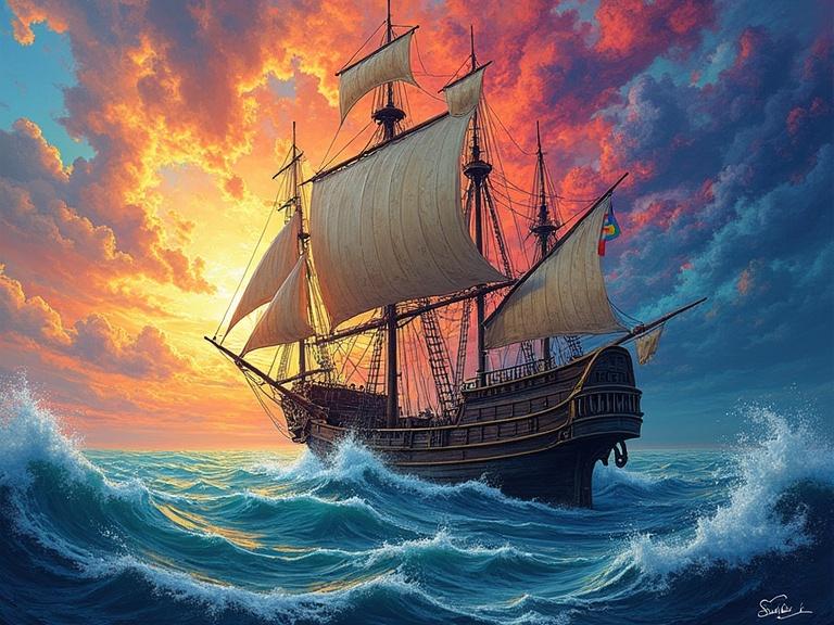 Hyperrealistic detailed image of an old wooden sailing ship on the sea. The ship features vibrant colors and whimsical style. The image creates a dreamlike state with swirling colors and sharp lines. Evokes feelings of wonder with a focus on fantasy and disorientation.