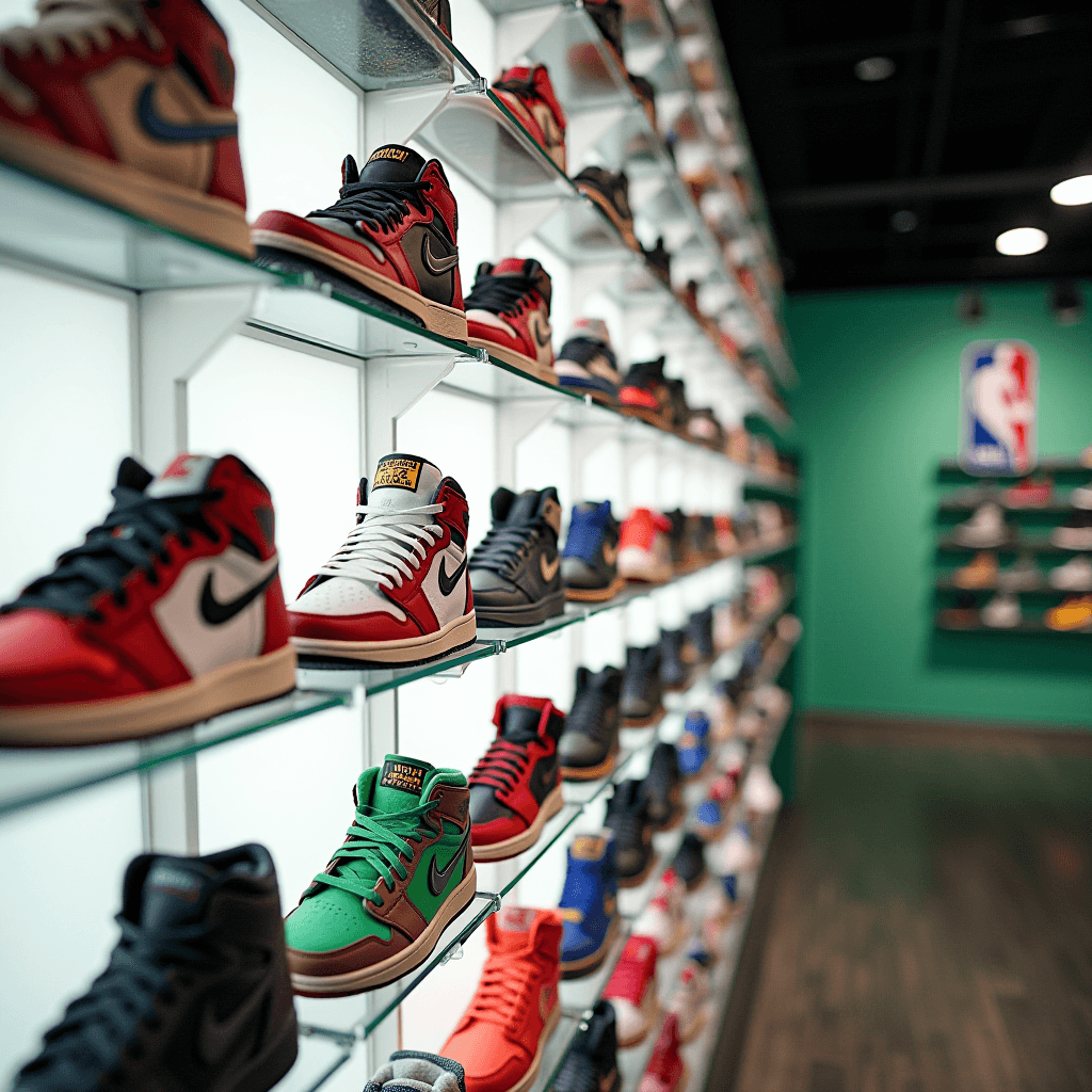 A vibrant display of colorful sneakers along a well-lit wall in a store with an NBA logo in the background.