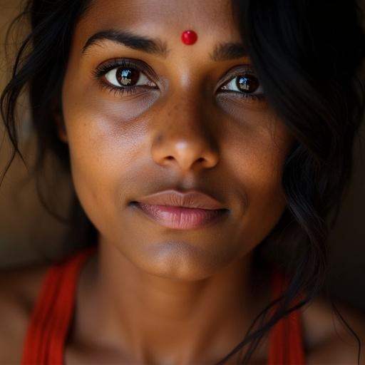 Close-up portrait of a woman from Chennai, India. The woman has a bindi on her forehead. Good focus on her facial expression.