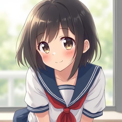 A youthful Japanese girl dressed in a classic school uniform shows a cute expression. Her friendly demeanor is highlighted while she bends down slightly and smiles. The soft natural light enhances her features and charm.