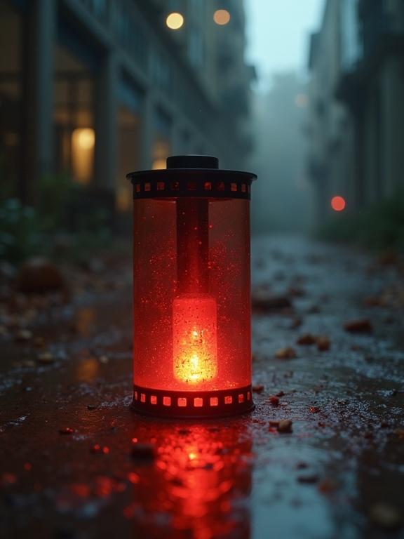 Image of a film roll canister in a moody urban environment. The canister glows red. Wet pavement reflects surroundings. Fog creates atmosphere. Composition focuses on canister with blurred background.