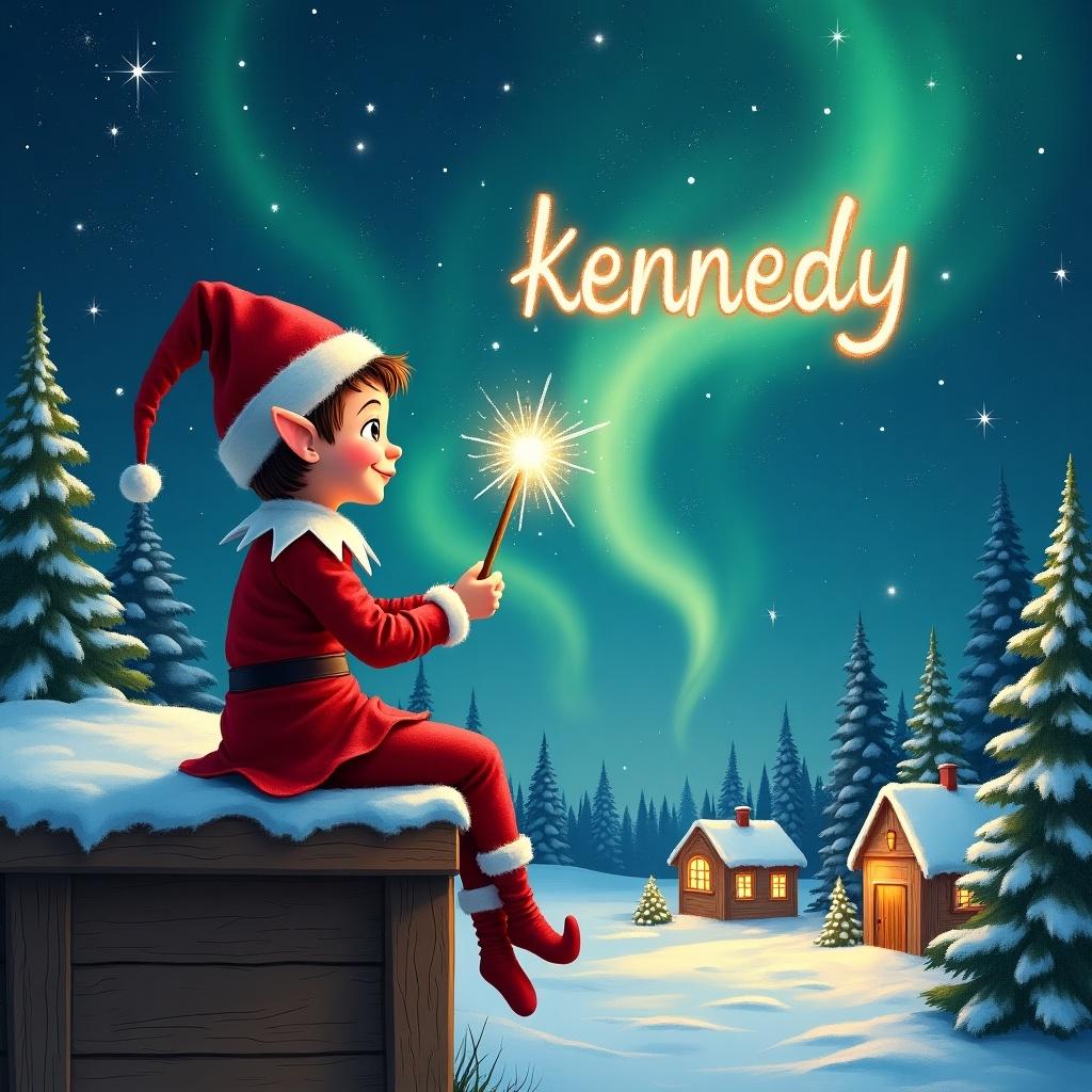 An elf sits on a wooden ledge with its back to the camera, gazing at a magical sky. Dressed in a red outfit with a pointed hat, the elf holds a sparkling wand. With the wand, the elf writes the name 'kennedy' in the starry sky. The scene is painted with a snowy landscape, charming little houses, and evergreen trees under shimmering Northern Lights. This whimsical depiction captures the essence of childhood magic and Christmas cheer.