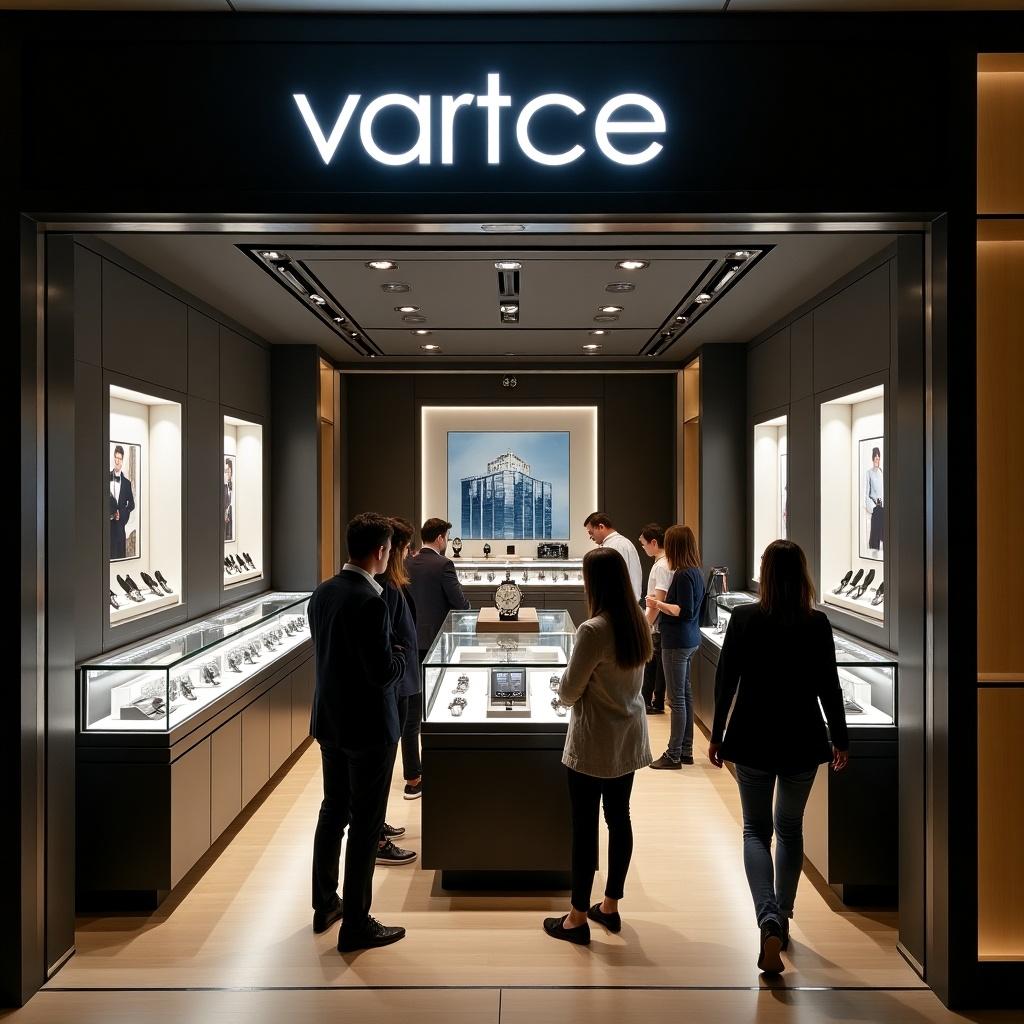 A modern watch store called 'کیوواچ' is depicted. The store features elegant displays showcasing luxury watches. Customers are browsing and interacting in the space. The lighting is bright, allowing the watches to shine. The overall atmosphere is upscale and inviting, appealing to watch enthusiasts.