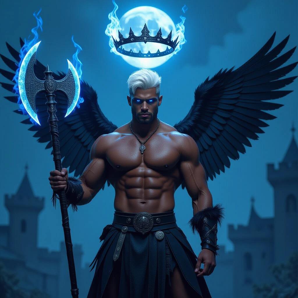 A muscular man stands shirtless wearing a medieval skirt. He has black feather wings, white hair, blue eyes. He holds a double axe of blue fire in his right hand. Above his head is a crown-like halo of blue fire. The background is an apocalyptic night with a full moon.