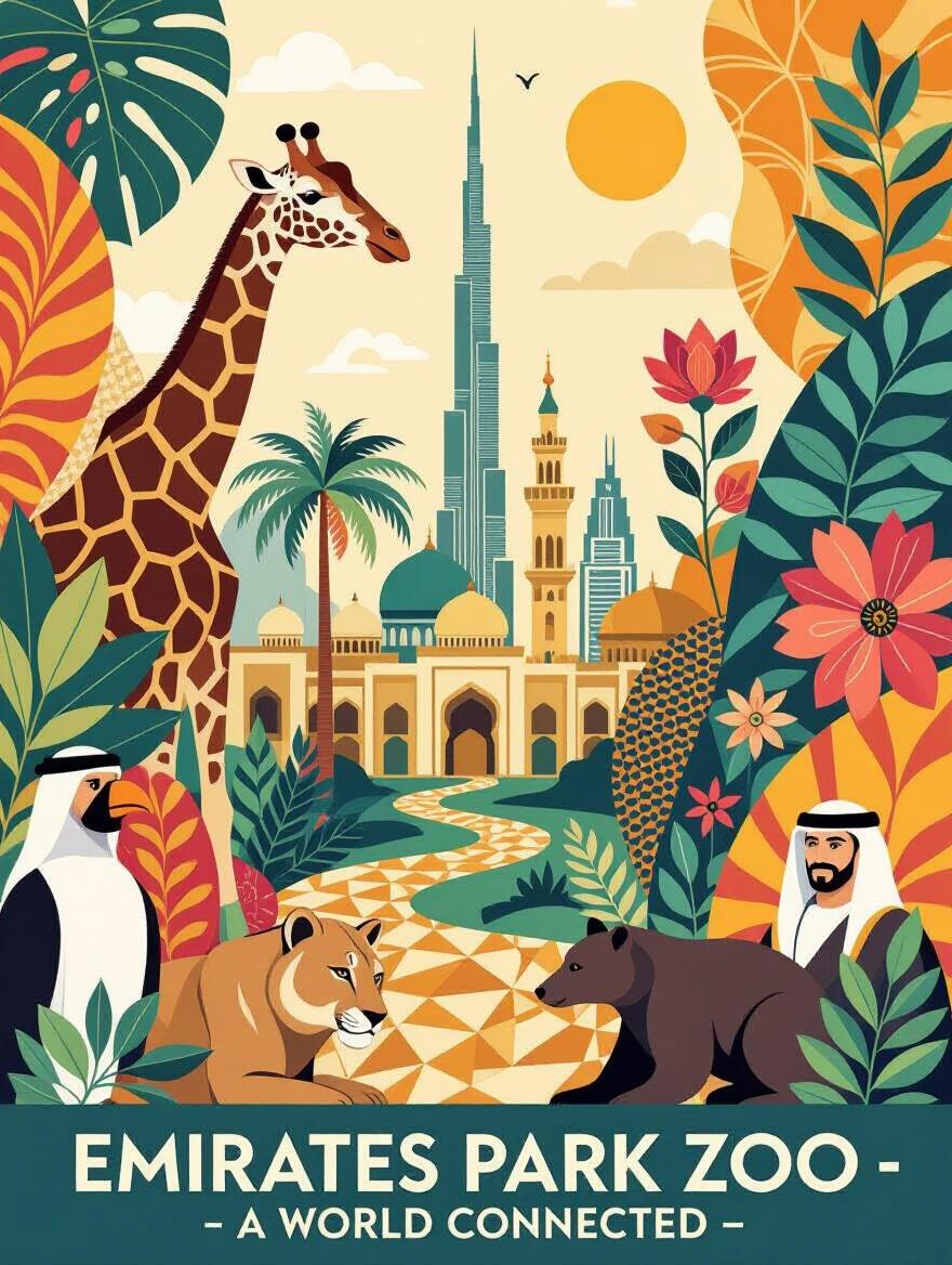 Poster design showcasing Emirates Park Zoo. Digital collage art style incorporating animal images botanical elements and UAE inspired geographical patterns. Colorful and harmonious composition. Evokes feelings of renewal and cultural diversity. Text reads 'Emirates Park Zoo - A World Connected'. Showcases integration of various elements and the unique narrative of the zoo.