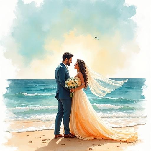 Wedding card design featuring a happy bride and groom in the center. Watercolor illustration with a seashore background. Bright and joyful colors evoke love and celebration.