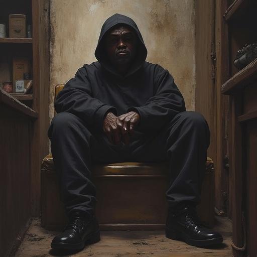 A figure dressed in all black clothing sitting on a chair in a dimly lit room. The figure has a serious expression, wearing a hood, creating a mysterious ambiance.