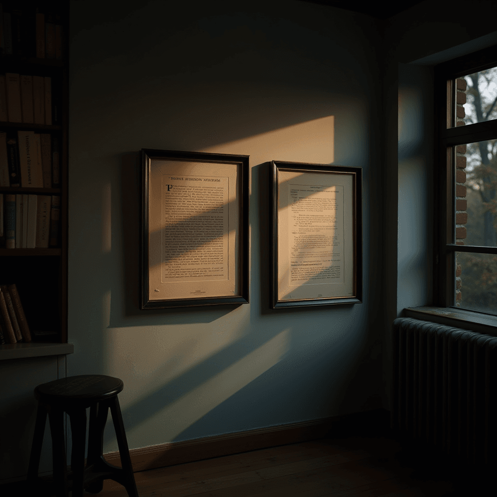 Sunlight casts an angular shadow across two framed documents on a wall in a serene room.