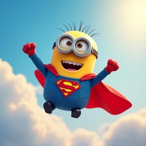 Cheerful yellow minion wears Superman costume with red cape floats in the sky amidst clouds in a cartoon 3D style with Pixar-like lighting.