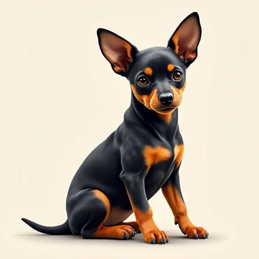 Drawing of a miniature pinscher in charcoal style. The dog has black and orange fur. It sits attentively with a cute expression.