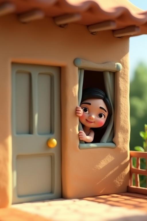 Animation shows house front during daytime. House has main door and two windows. Young clay woman peeks through large window. One eye and part of mouth visible. Expression is curious. Hand holds curtain open. Curtain moves slightly in breeze. Scene lit with soft morning light. Clay textures and smooth motion are visible.