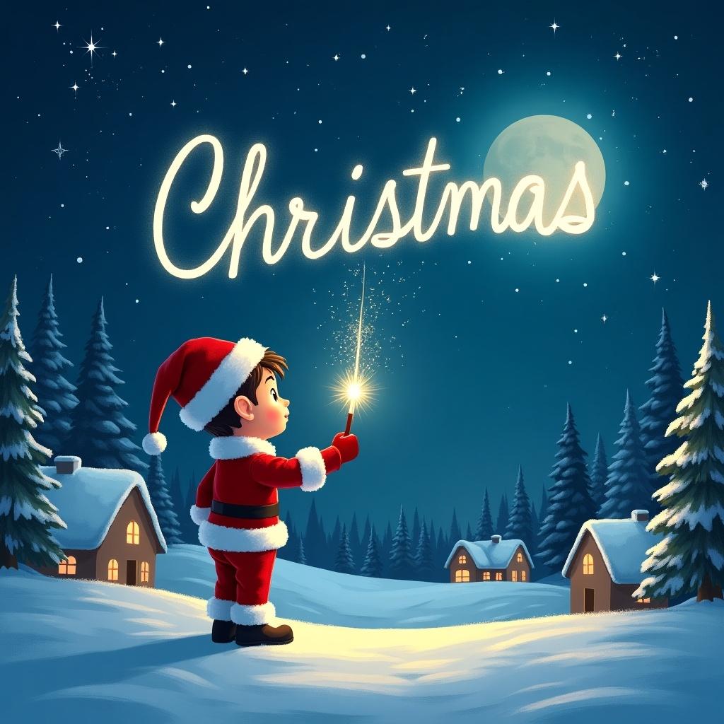 A snowy landscape features cozy houses and trees. A festive mood is set by the moonlight. A boy dressed in a Santa costume raises a sparkling wand to write in the night sky. The word 'Christmas' glows brightly above.