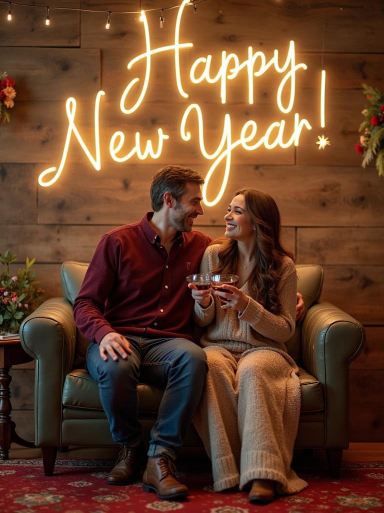 Happy couple celebrating New Year. Cozy setting with warm lights. Couple holds glasses. Neon sign says Happy New Year. Wood backdrop enhances the ambiance.