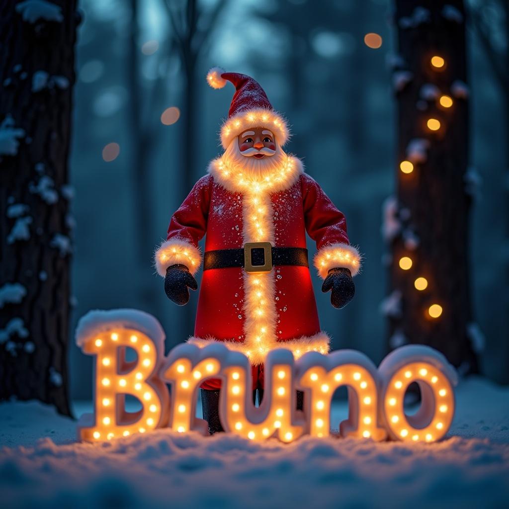 Santa Claus figure in red suit standing in snowy forest. Name Bruno in glowing lights. Magical atmosphere during Christmas.