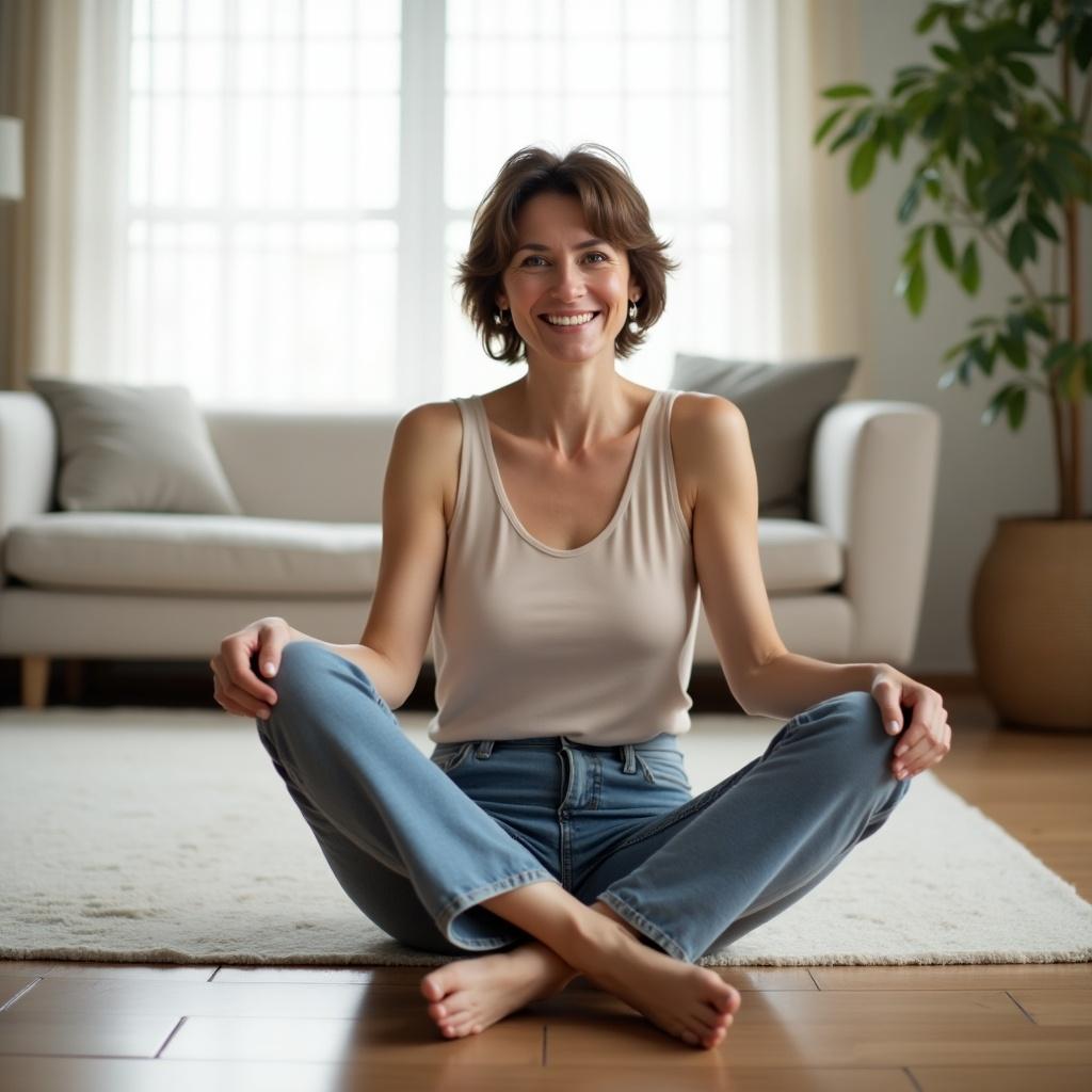 Woman sitting on floor in living room. Short hair, brunette. Smiling at viewer. Casual outfit, relaxed pose. Arched back, legs crossed. Natural light.