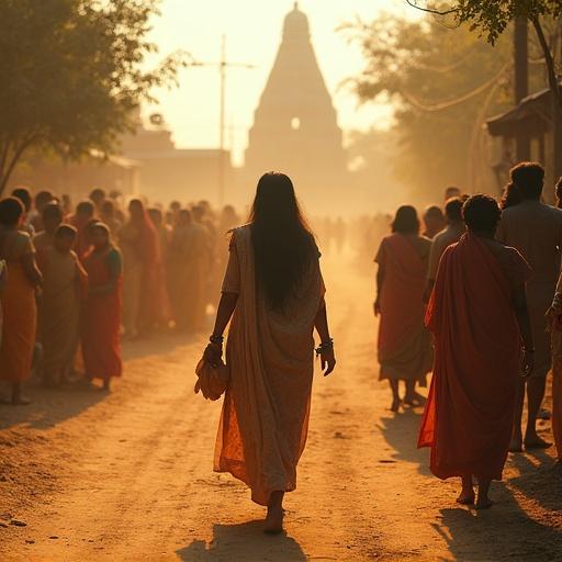Dusty village lane in broad daylight. A woman walks slowly along the path, carrying a cloth bundle. Villagers stand in small clusters. Elderly women point and whisper. Men display fake pity. Children giggle and mimic. Woman's face remains calm. Shadow falls long on the path. Temple’s shikhara in the background, partially lit by the sun. Strong emotional expressions on villagers’ faces, realistic textures, cinematic tone.