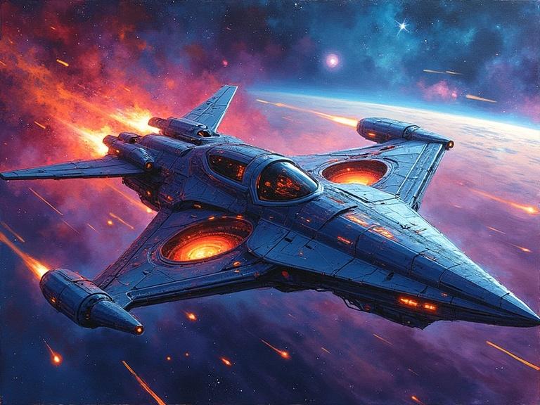 An electrifying technicolor universe features an augmented quantum cruiser. The futuristic design captivates with rich gouache colors. Detail illustrates sleek lines and glowing energy cores. The vessel has angular contours and metallic finishes. The image evokes motion and adventure, inviting viewers into space travel.